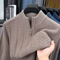 Pull homme marron col montant zippé en maille torsadée, pull chaud d'hiver épais casual. - Camel Clair