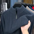 Pull col montant zippé en maille tressée pour homme, bleu marine hiver chaud chic. - Halan