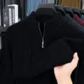 Pull-over homme demi-zip en maille torsadée, chaud et épais pour l'automne et l'hiver. - Noir