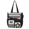 Vista detallada del bolso tote de lona estilo japonés con cuadros blancos negros encaje. - Sin Colgante / Negro