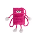 Handmade pink knit crochet mobile phone bag detail, cute big eyes design with white pom poms. - Rose Red