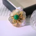 Vintage Baroque Pearl Flower Brooch Luxury Green Stone Filigree Corsage Pin Jewelry - Flower Design (GO0013) / Green Natural Stone