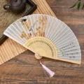 Chinese antique folding fan with delicate silk fabric, bamboo frame and elegant pink tassel. - Style 4 (Autumn Chrysanthemum)