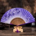 Chinese style purple folding fan with floral pattern, wooden ribs and tassel for gift. - No. 1 Purple Butterfly Flower