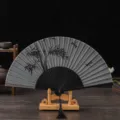 Vintage silk folding fan with bamboo pattern and stand, elegant Chinese style prop. - Black Bone Gray Surface Bamboo Dragonfly / Gray