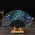 Éventail Pliant Vert Foncé Fleurs Papillon Style Japonais Danse Accessoire De Performance - N° 2 Monture noire et face verte (Lys)