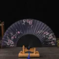 Japanese style folding fan with elegant floral pattern, classical dance prop and home decor use. - No. 4 Black Ribs & Black Face (Cherry Blossom)