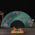 Chinese style vintage folding fan with floral pattern green silk hand fan with wooden stand - No. 6 Black Ribs & Green Face (Cherry Blossom)