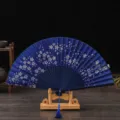 Blue silk folding fan with cherry blossom pattern, elegant vintage hand fan for dance and gifts. - Blue Bone Blue Surface Cherry Blossom / Blue