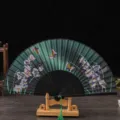 Japanese style folding fan green floral pattern dance prop classical vintage gift fan - No. 8 Black Ribs & Green Face (Lily)