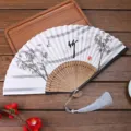 Chinese vintage linen folding fan with ink bamboo pattern and tassel for dance props. - 07 Bamboo Script