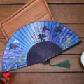 Eventail pliant en soie de style chinois avec motif floral bleu et papillon élégant - Style A