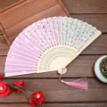 Abanico plegable chino tradicional de seda con motivo de flor de cerezo y madera para regalo - Estilo A06