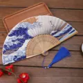 Japanese Folding Fan Bamboo Silk Hand Fan Portable Retro Style with Blue Tassel Variant - The Great Wave off Kanagawa Pattern