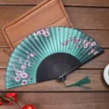 Green silk folding fan with cherry blossom pattern, Chinese style hand fan for gift or dance. - Style F