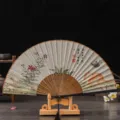 Chinese folding fan with wooden stand, traditional floral art fabric hand fan for men. - No. 8 Cat and Butterfly