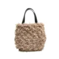 Stylish fluffy curly shearling handbag with black leather handles for women daily commute chic tote - Khaki