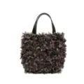 Detailed view of the soft fluffy lamb wool handbag with sleek black leather handles, cozy texture. - Gray