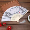 Ventaglio pieghevole cinese tradizionale con stecche di bambù e stampa di bambù, accessorio Hanfu. - A19