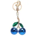 Blue cherry keychain charm for handbag, glossy fruit design with gold hardware and green leaves. - Green Leaves and Blue