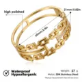 Pulsera rígida de acero dorado con cadena ancha y diseño H de cristal brillante. - Brazaletes de doble fila en U con estrás