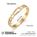 Primer plano del brazalete de acero inoxidable dorado con acabado pulido y medidas. - Pulsera de cadena de eslabones de herradura