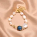 Natural baroque pearl and blue stone bracelet with vintage gold chain, elegant jewelry for women. - Natural Freshwater Pearl Strand
