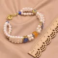 Mehrsträngiges Perlenarmband mit blauen Emaillégoldperlen und gelbem Steinanhänger Damen. - Cloisonne Citrin Lotus Stil