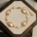 Gold wire wrapped freshwater pearl bracelet elegant vintage style minimalist jewelry for women - Pink Purple Baroque Flat Bead Bracelet