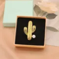 Gold cactus brooch with green enamel rhinestones and white pearl accessory for women. - Cactus Shape