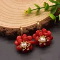 Elegant red flower earrings featuring a luminous center pearl and sparkling crystals for women. - Coral Flower Earrings
