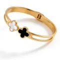 Stainless steel gold-plated clover bangle bracelet with white shell and black inlay. - Clover Bangle