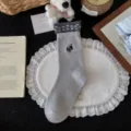 Calzini in lana grigia ricamati con gatto carino, calze invernali calde e spesse da donna, stile coreano. - Taglia unica / Gatto
