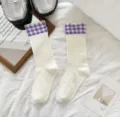 Calzini al polpaccio bianchi con polsini a quadri viola, calzini in cotone stile ins giapponese. - Taglia unica / Viola