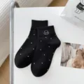 Calzini corti estivi in cotone sottile, simpatico ricamo di cane, design a pois neri. - Taglia unica / Pois Neri