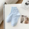 Cute light blue cotton short socks for women, breathable summer ankle socks with dots. - One Size / Flat Knit