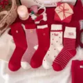 Calze medie rosse di Capodanno da donna calze a righe a pois ricamate carine e alla moda - Taglia unica / Etichetta a Righe