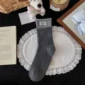 Dark grey ribbed wool knit mid-tube winter warm cozy socks for women, stylish daily wear. - One Size / Fabric Label