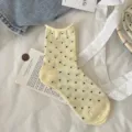 Women yellow polka dot socks rolled edge cotton cute mid tube casual socks variant - Rolled Edge Polka Dot / Milk Yellow