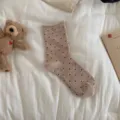 Cute polka dot roll cuff crew socks, stylish Japanese cotton hosiery for casual daily wear. - Rolled Edge Polka Dot / Khaki