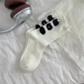 Cute cartoon cat plush decoration white mid-calf socks for women, cozy casual daily wear. - One Size / Three Cat Heads