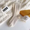 Women solid beige ribbed wool socks, cozy thick winter thermal mid-tube boot socks. - Sizes 36-40 (Individual Packaging) / Apricot Bow Cashmere