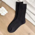 Black ribbed wool socks for women, thick warm winter mid-calf socks with soft knit texture. - Sizes 36-40 (Individual Packaging) / Black Cable-Knit Cashmere