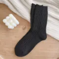Black ribbed wool knit mid-calf socks for women, cozy winter thermal solid color socks. - Sizes 36-40 (Individual Packaging) / Black Thick Yarn Cashmere