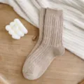 Women thick wool winter mid-tube socks solid color cozy warm knit casual hosiery item - Sizes 36-40 (Individual Packaging) / Coffee Thick Yarn Cashmere