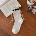 Calzini bianchi con fiocco donna estate sottili metà gamba cotone lunghe calze stile balletto - Taglia unica / Bianco