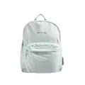 Mintgrüner Canvas Rucksack Detailansicht mit Fronttasche und stylischem Typografie Print. - Blau