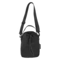 Black minimalist drawstring bucket bag detail, casual nylon shoulder crossbody bag with top handle. - Black