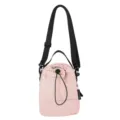 Pink drawstring bucket bag detail showing the adjustable black cord closure and side tag. - Pink