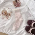 Donne calzini rosa traforati con volant, traspiranti estate sottili cotone stile - Taglia unica / Pois a Righe Verticali